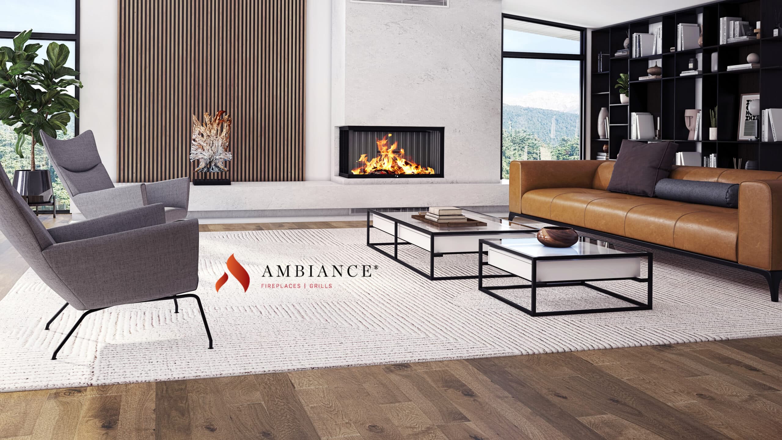 An Ambiance corner fireplace installed in a living room
